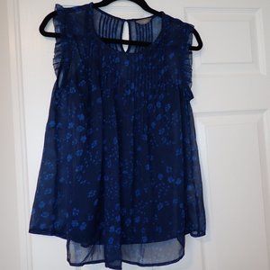 NWOT vintage-inspired dark blue floral chiffon top